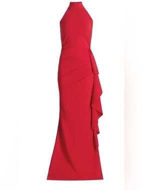 Chiara Boni Red Halter Maxi Gown with Side Cascade